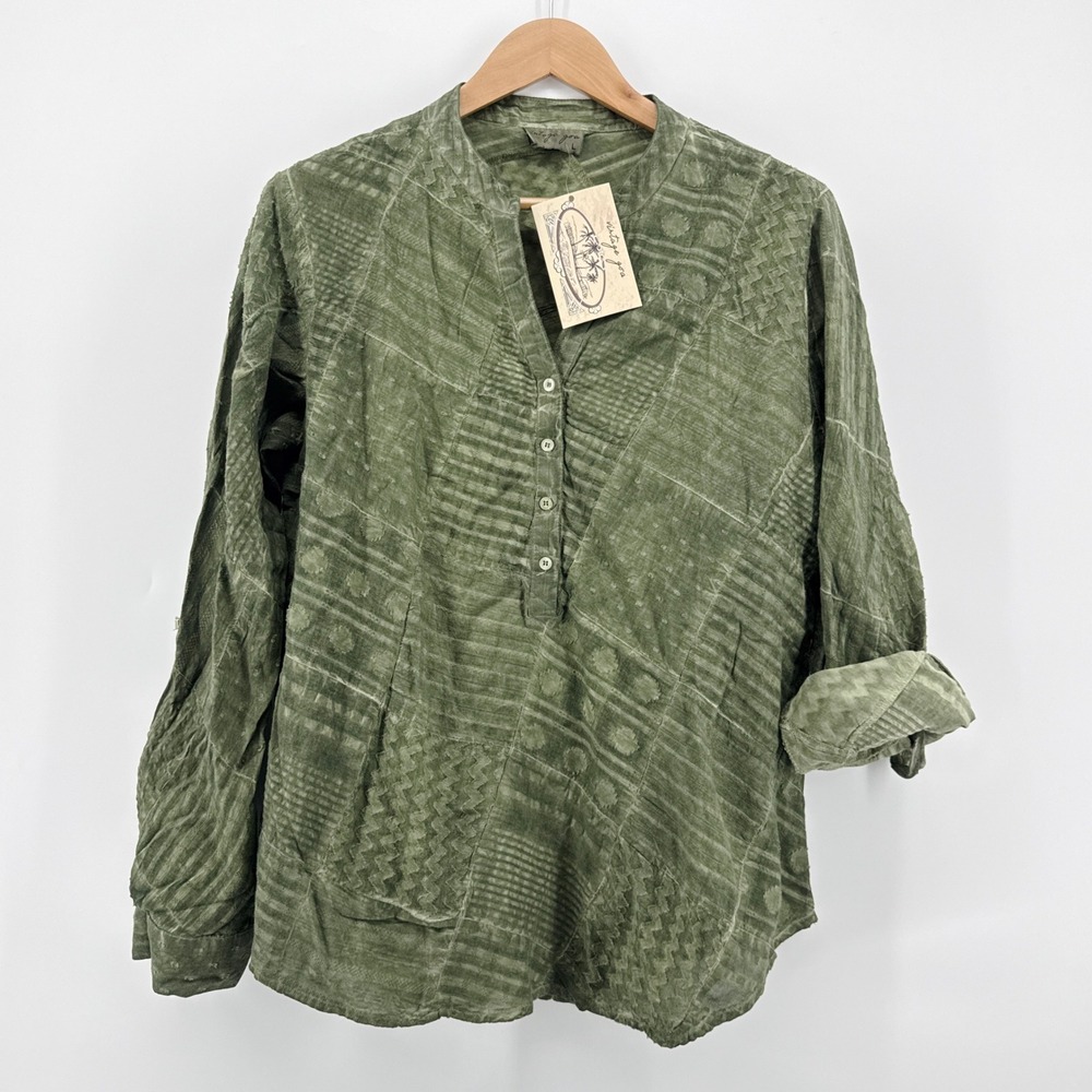 Vintage Goa‎ Large Green Cotton Patchwork Textured Henley Roll Tab Shirt NWT
